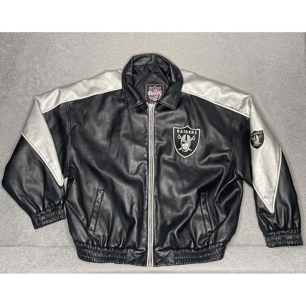 VTG 90s Oakland Raiders Rare Leather‎ Bomber Jacket Game Day Essex MFG Mens XL